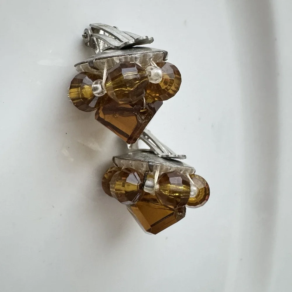Vintage Amber Color‎ Beaded Cluster Clip Earrings Lucite Western Germany Classic